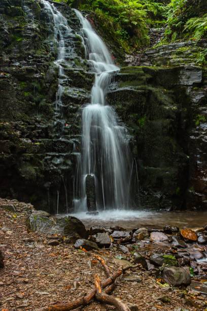 istock Serene waterfall cascading over moss-covered rocks in a lush forest setting 2171494400