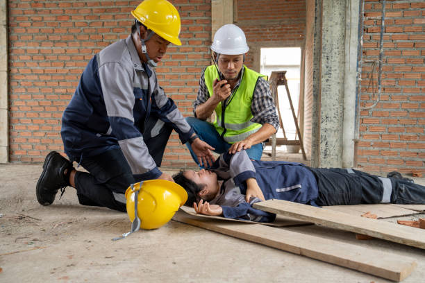istock Female construction worker had an accident while working at a construction site and sustained injuries to her arms, coworkers come to her aid and call for help 2171499052