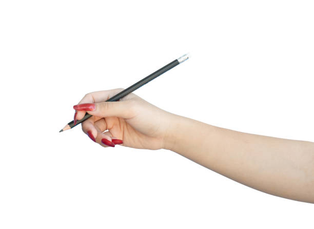 istock female hand holding pencil isolated on white background, clipping path 2171501225