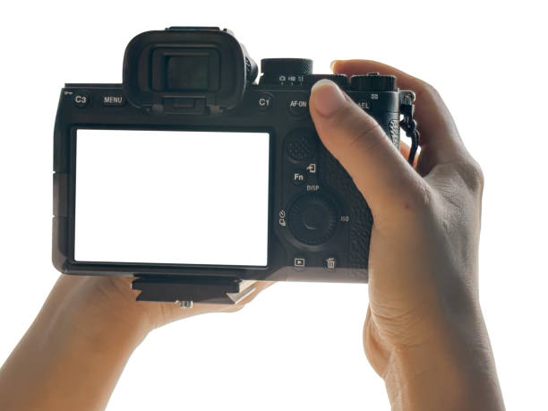 istock Hand holding Mirrorless camera with white screen isolated on white background. clipping path 2171501240