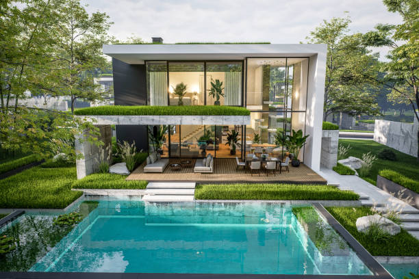 istock 3d rendering of flat roof house with concrete facade in evening 2171502155