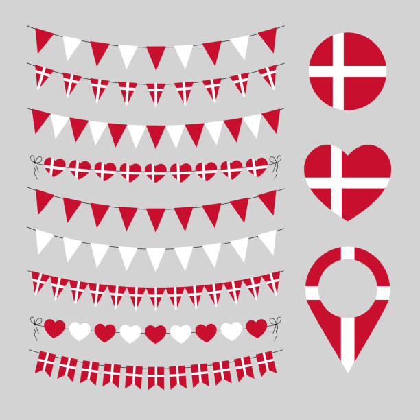 ilustrações, clipart, desenhos animados e ícones de símbolos decorativos de dinamarca, grupo de elementos do projeto do vetor, bandeira dinamarquesa, amor dinamarca - bandeira dinamarquesa