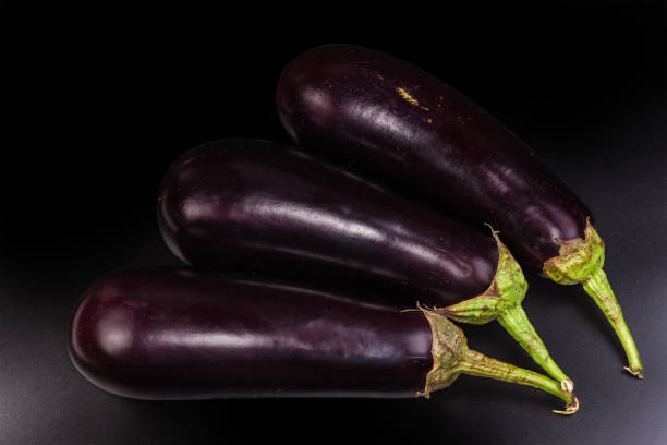 istock Raw freshly harvested purple eggplants on a black background 2171507244