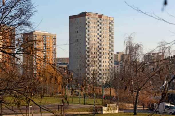 Warsaw, Poland - January 30, 2024: Apartment blocks visible on a sunny, snowless winter day in Goclaw, a sub-district of Praga-Poludnie.
