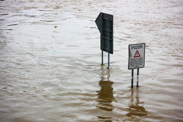 istock Two road signs inundated by floods 2171520935