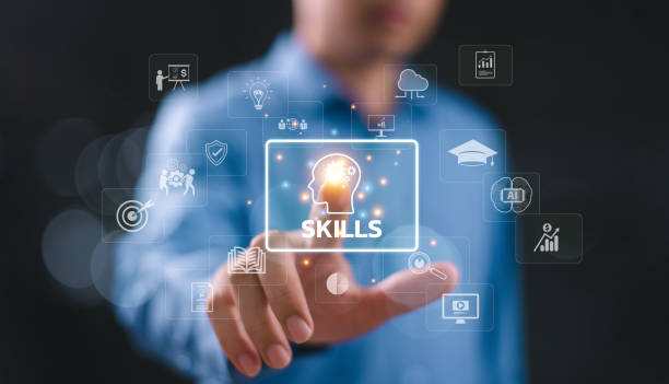 Soft skill individual development concept. Teamwork study up new ability, business technology evolution. HR learning interpersonal. Student hand touch digital icon. Competency training education concepto de desarrollo individual de habilidades blandas. el trabajo en equipo estudia nuevas habilidades, evolución de la tecnología empresarial. aprendizaje de rrhh interpersonal. icono digital táctil de la mano del estudiante. formación por competen