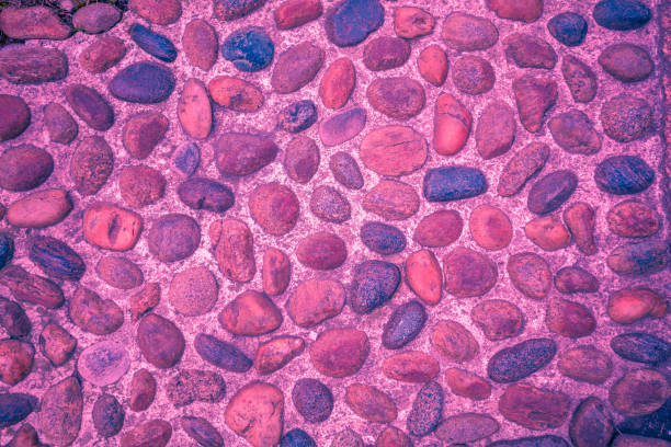 Pebbles embedded in a concrete wall. Burgundy pebble texture. Abstract stone background. Burgundy color