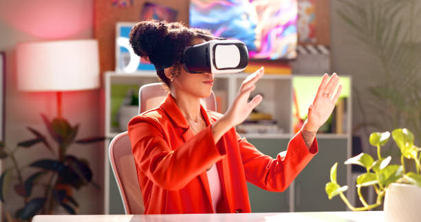 istock Woman, vr and gamer with virtual interaction for futuristic experience, interface or ai technology at home. Young, female person or player with simulation for metaverse gaming, software or 3D lens 2171531441