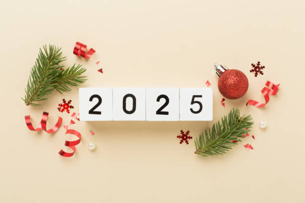 istock 2025 with confetti and decor on color background, top view 2171532375