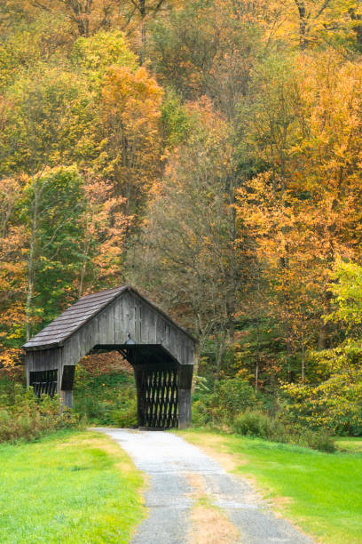 Old wooden covered bridge on an Autumn day in rural countryside in Pomfret area near Stowe, central VT, USA