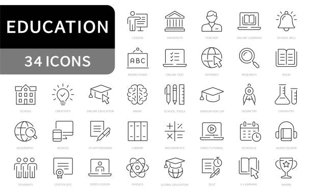 Education and E-learning line icons. Learning, school, university editable stroke icon. Vector Education and E-learning line icons. Learning, school, university editable stroke icon. Vector illustration virtual classroom icon stock illustrations