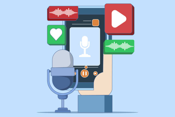 istock Radio and podcast concept, radio host talking into microphone and interviewing guests, Online video or audio podcast, Live interview, listen to interview show, Podcast player. 2171536335