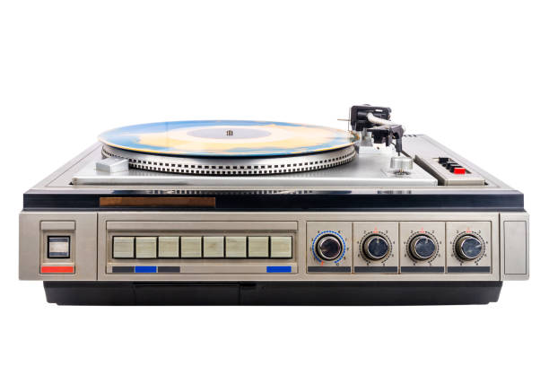 istock Vintage turntable record player with blue and orange vinyl 2171609421