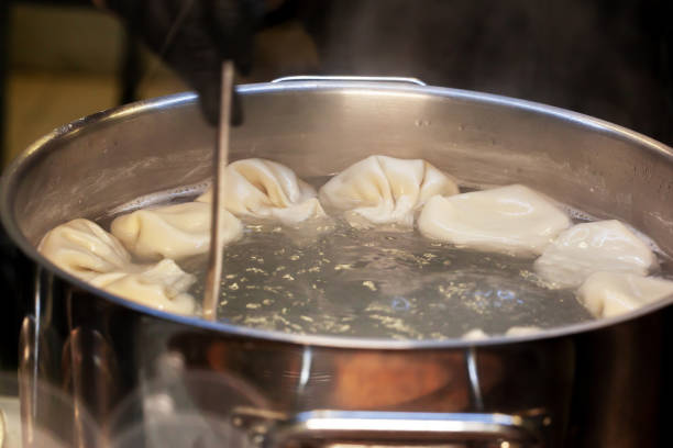 Process of preparing khinkali in a cafe close up