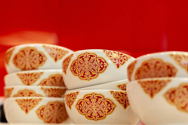 Asian ceramic ornated tea cup close up