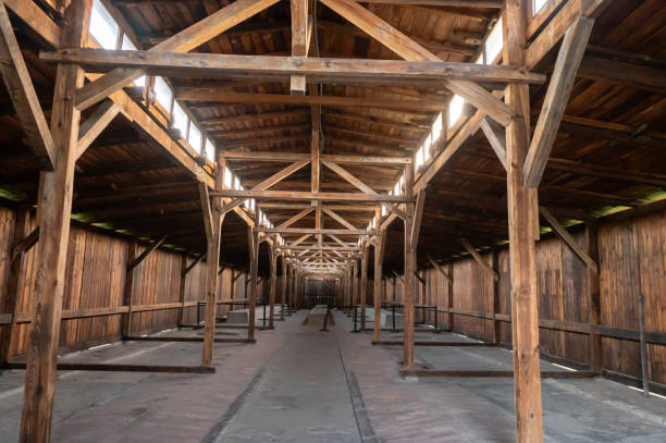 istock Interior view of an empty wooden barn with structural beams and a high ceiling. 2171615765