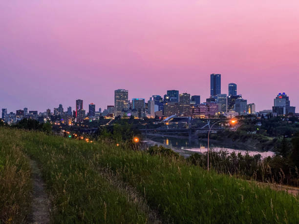 istock Edmonton, YEG, Alberta, Pink sky skyline with River at Sunset, Dusk 2171616971