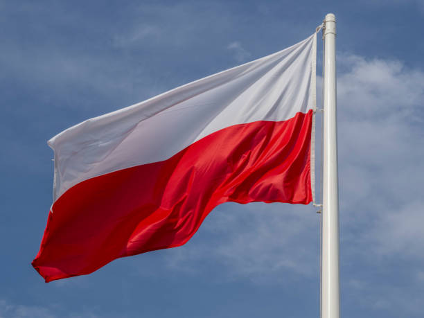 istock Polish banner flying against the blue sky. 2171617526