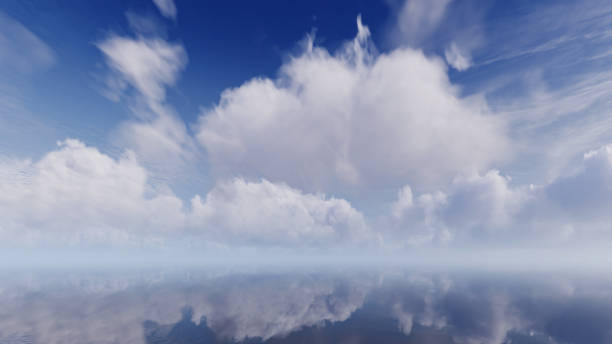 istock realistic 3D visualization of nature, capturing a peaceful moment. White clouds floating across a blue sky above the sea, reflecting in calm water. Tranquility and relaxation vibes. Summer background 2171621533