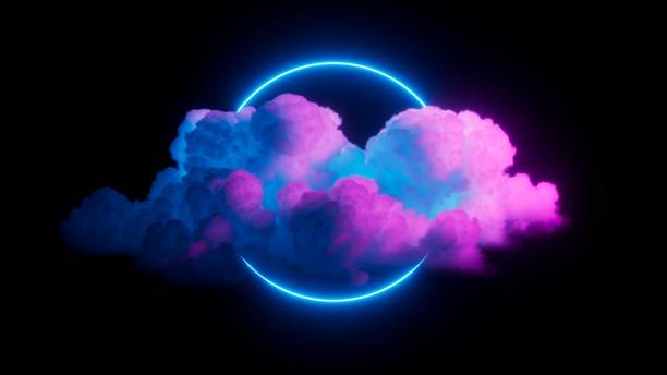 istock 3d render. Abstract neon background of pink blue cloud and glowing ring, isolated on black. Round linear frame. Spiritual minimalist wallpaper 2171621627