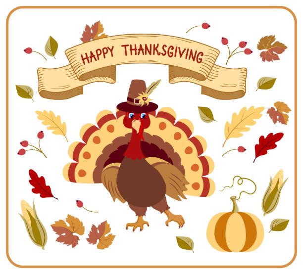 istock Set elements Thanksgiving day with funny turkey in pilgrim hat with  pumpkin, berries, corn and autumn leaves for greeting postcard with inscription on vintage ribbon. 2171623488