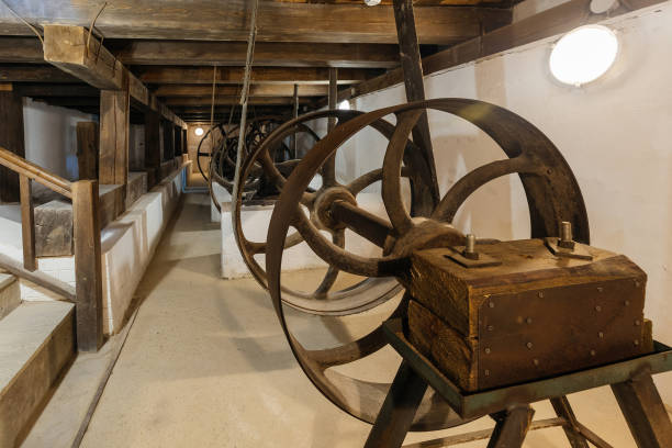 istock Old mechanism in mill. Pulleys with drive belt 2171625719