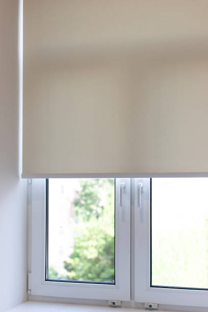 istock Simple roller blinds covering a window with greenery visible outside on a sunny day 2171630002