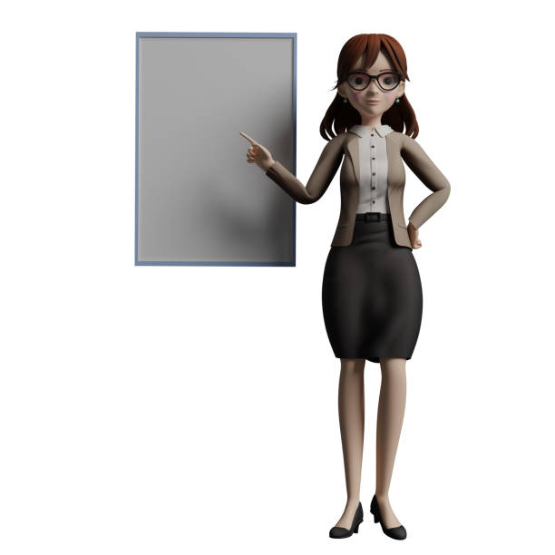 Professional 3D Educational. A female teacher stands next to an empty whiteboard with her left hand on her waist while her right hand points at the whiteboard with her index finger. Female
