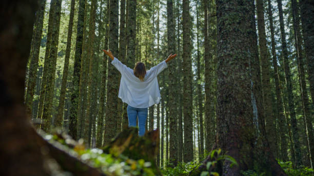 istock Joyful Woman Embraces Nature on Tree Stump in Forest 2171639461
