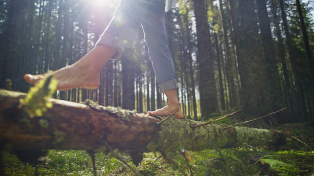 istock Playful Barefoot Woman Balancing on Log in Forest 2171639503
