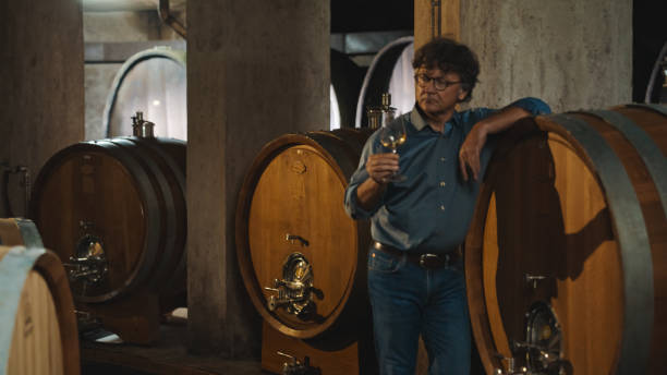 istock Mature Man Tasting White Wine in Cellar 2171640237