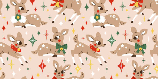 Seamless pattern with Cute fawns and stars in 1950s retro style. Vintage Mid century modern Christmas deer postcard, wrapping paper. Hand drawn vector illustration.