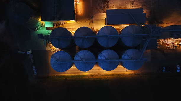 Big oil storage tanks at dusk seen in Berlin