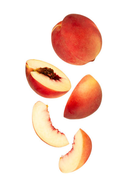 istock Falling Peach isolated on white background with clipping path, full depth of field 2171643318