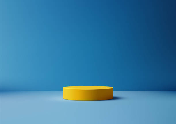 istock 3D Vibrant Yellow Podium Against Calming Blue Background, Modern Product Display Mockup for Artwork Showcase, Abstract Design with Elegant 2171647732