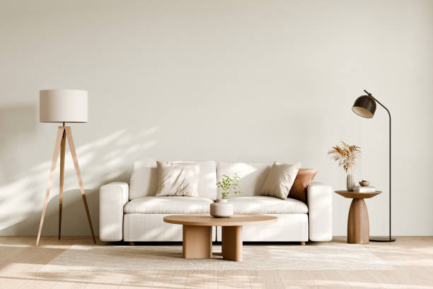 istock Cozy minimalist living room with arch wall backdrop. 3d render. 2171649137