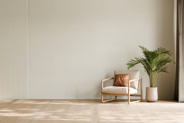 istock Minimalist room with armchair, plant, clean white wall. 3d render. 2171649141