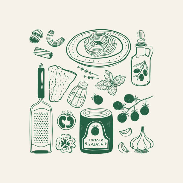 Pasta ingredients. Italian food set. Vintage style. Vector illustration
