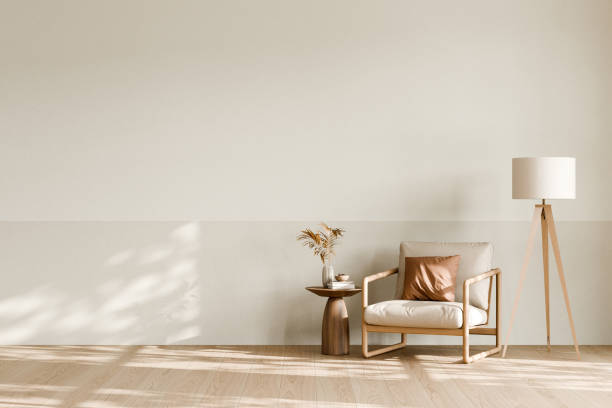 istock Minimalist living room with chair, side table, and lamp. 3d render. 2171655058