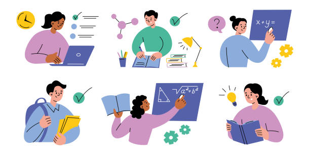 Education vector illustration set with students studying, reading, solving math problems, using laptops. Flat cartoon style, perfect for school, academic, or learning process designs Education vector illustration set with students studying, reading, solving math problems, using laptops. Flat cartoon style, perfect for school, academic, or learning process designs and concepts, isolated colored clipart on white background children homework stock illustrations