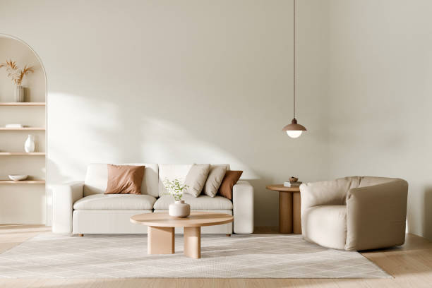 Modern living room with neutral tones and accents. 3d render.