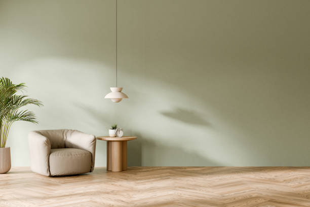 istock Cozy minimalist room with armchair and side table setup. 3d render. 2171659176