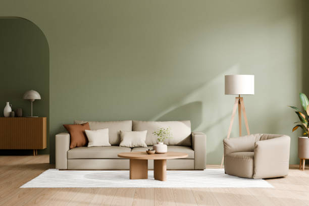 istock Modern living room with green wall and minimal decor. 3d render. 2171660647