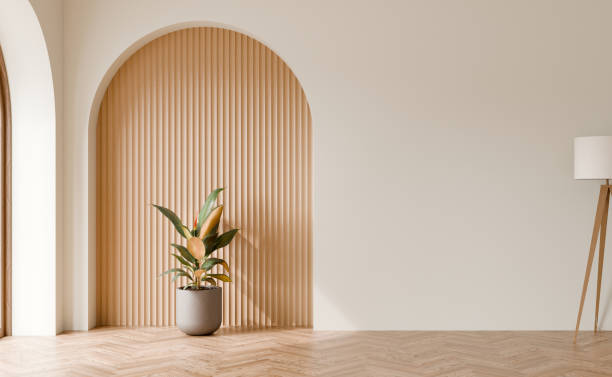 istock Interior wall with arch wood panel, Rubber tree plant, Wood parquet floor, 3D illustration. 2171663754