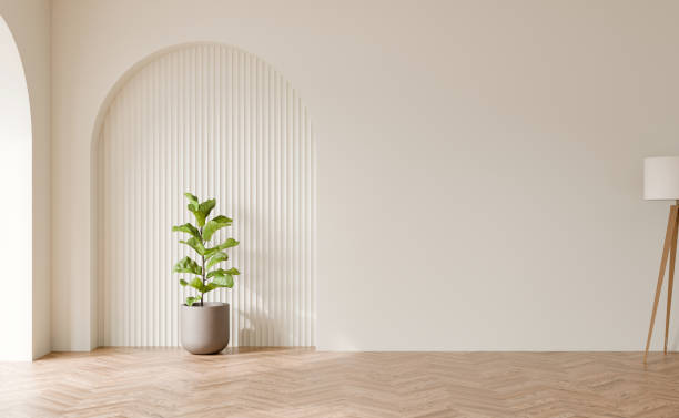 istock Empty white wall with Fiddle fig plant, wooden herringbone parquet floor, White cladding panel, 3D illustration. 2171663763
