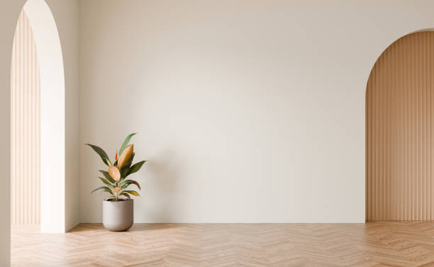 istock Blank white wall with rubber tree plant, Wood cladding panel, Wood herringbone parquet floor, 3D illustration. 2171663803