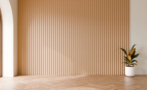 istock Wood cladding panel wall with rubber tree plant, Wood floor, Interior 3d illustration. 2171663810