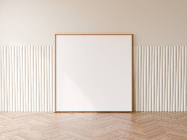 istock Square blank wood frame with minimal white flute wall cladding, Wood herringbone floor, 3d illustration. 2171663867
