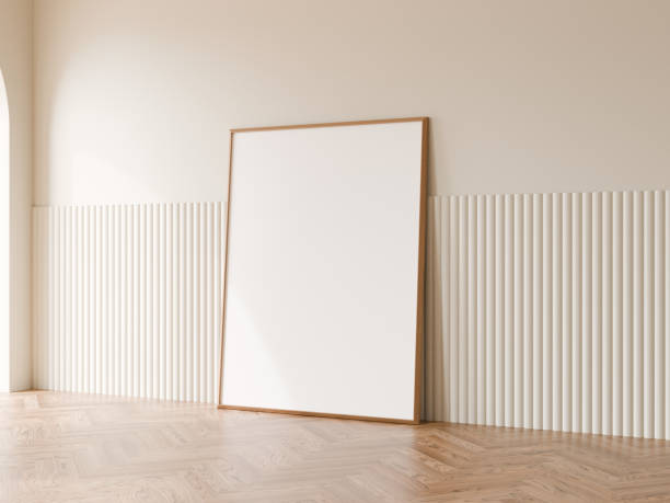 istock Vertical blank frame mockup with minimal white flute wall cladding, Wood floor, Arch door, 3d illustration. 2171663876