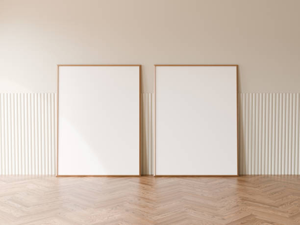 istock Two vertical blank frame with minimal white flute wall cladding, Wood floor, 3d illustration. 2171663902